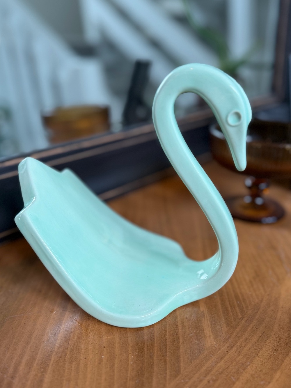 Vintage MCM Ceramic Swan Shaped Soap Dish or Sponge Holder-Mint Green